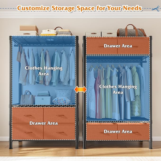 Raybee Clothes Rack, Portable Closet for Bedroom, Dorm, 4 Drawers 4 shelves | Heavy Duty, Tool-Free Assembly, Freestanding, Multi-Function, Adjustable, DIY Layout, Space Saving, Hanging 50+ Clothes
