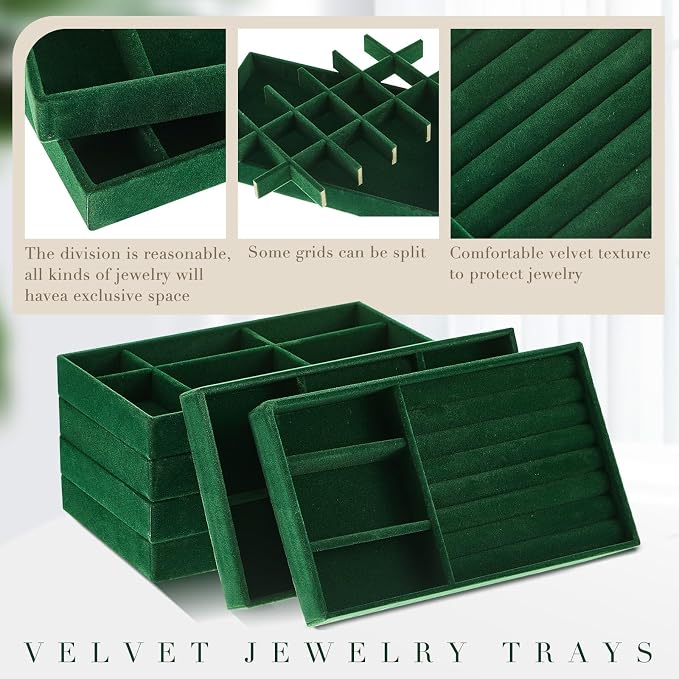 Junkin 18 Pcs Jewelry Drawer Organizer Inserts, Stackable Jewelries Inserts for Dresser Drawers, Drawer Insert Organizers Velvet Jewelry Trays for Rings Earring Bangle Necklace(Dark Green)
