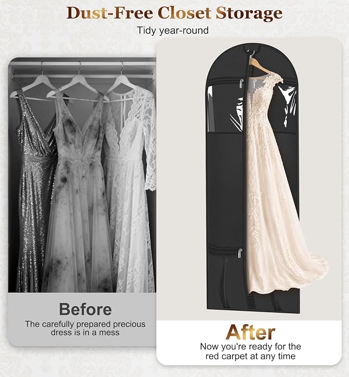 MISSLO 72" Wedding Dress Garment Bag for Travel with 4 Large Pockets Dress Bags for Gowns Long Heavy Duty Dresses Protector Bag for Closet Storage Clothing Covers for Hanging Clothes, Black