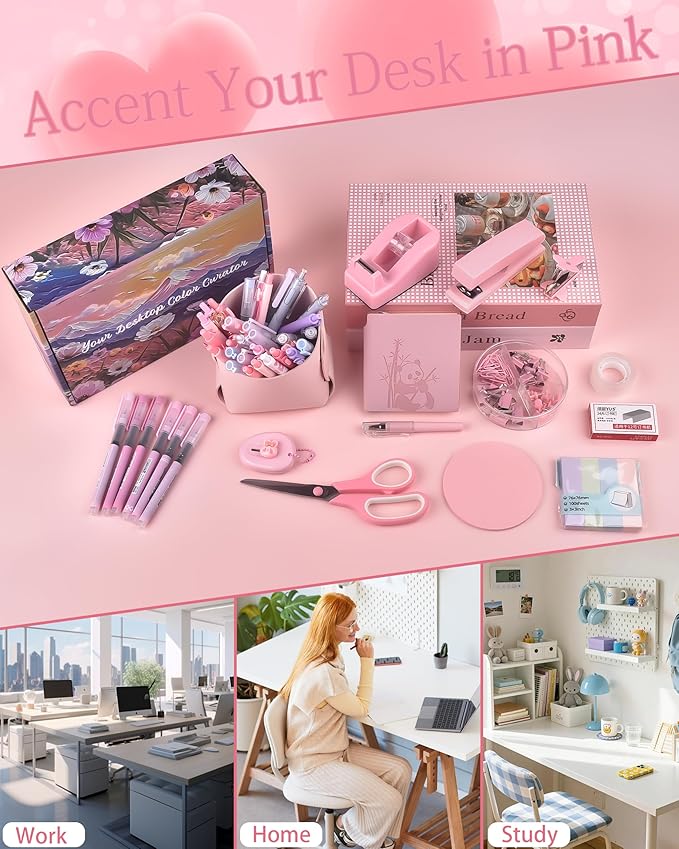 Pink Desk Accessories, Pencil case, Stapler, Pen and a Lot of Office Pink Office Supplies Beautifully Presented in a Gift Box