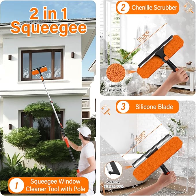 18FT High Reach Duster Cleaning Kit with 3-12 FT Extension Pole | High Ceiling Dusting and Window Cleaning Kit with Microfiber Feather Duster,Cobweb Duster,Ceiling Fan Duster,Window Squeegee