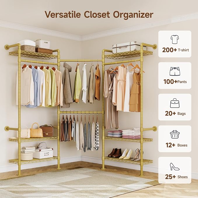 L3 Wall Mounted Metal Pipe Closet System Heavy Duty Corner Garment Rack | Max Load 950LBS with 4 Telescopic Rods & 6 Wire Shelves Gold Industrial Modular Clothing Clothes Rack Wardrobe Closet