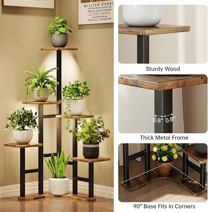 Yzosvki Corner Plant Stand Indoor with Grow Lights Set of 2, 6 Tiered Corner Plant Shelf Flower Stand for Multiple Plants, Plant Shelves Organizer Rack, Square Rustic Brown