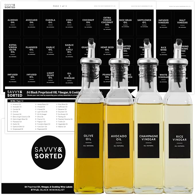 Black Oil Bottle Labels, 54 Preprinted Pantry Stickers for Oils and Vinegar Dispenser Glass Bottles, Condiment Jars, Waterproof Removable, Kitchen Organization