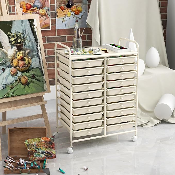 LDAILY 20-Drawer Rolling Storage Cart, Rolling Storage Cart, Storage Organizer on Wheels, Metal Frame, Scrapbook Paper Tools, Suitable for Office School, Classroom (White, 20 Drawer)