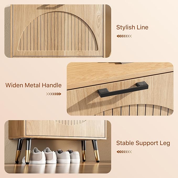Farmhouse Shoe Cabinet Storage for Entryway, Slim Shoe Rack Cabinet with 2 Flip Drawers, Narrow Shoe Organizer Cabinet with Stylish Round Panel, Metal Leg and Handle