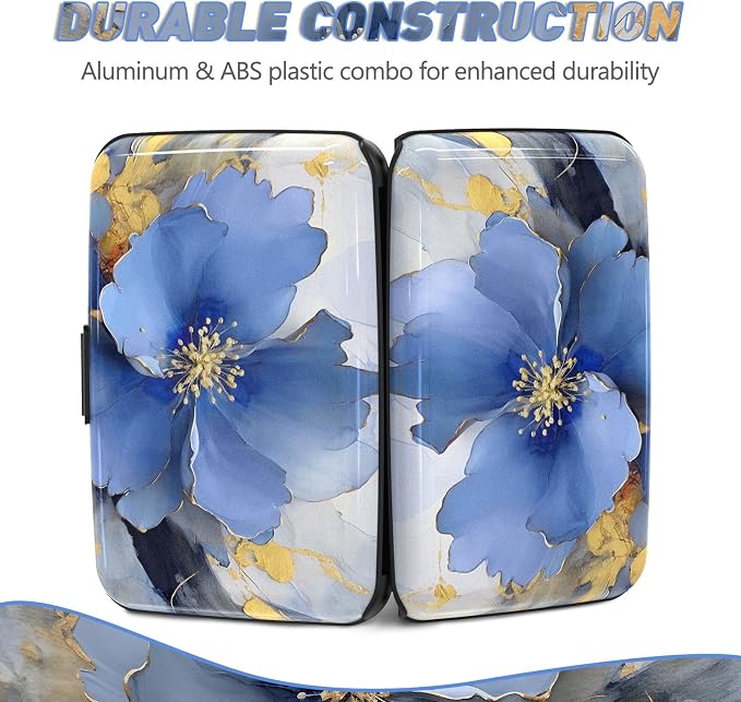 Credit Card Holder, Mini RFID Small Aluminum Card Wallet Business Card Case | Blocking Slim Metal RFID Blocking Front Pocket Wallet Hard Case Durable CC Holder for Women Girls, Blue Flowers