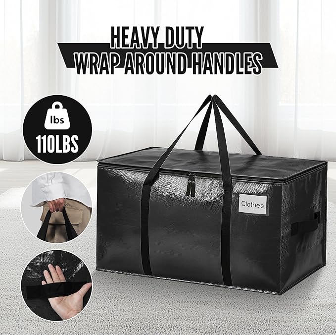 BAGAIL Heavy Duty Moving Bags with Strong Handle, Extra Large Moving Boxes, Storage Tote for Clothes, College Moving Supplies(Black, 8 Pack)