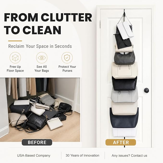 Perfect Curve Handbag and Purse Organizer | Hold up to 9 Bags | Over the Door Organizer | Adjustable Clips | 1 Strap | Black