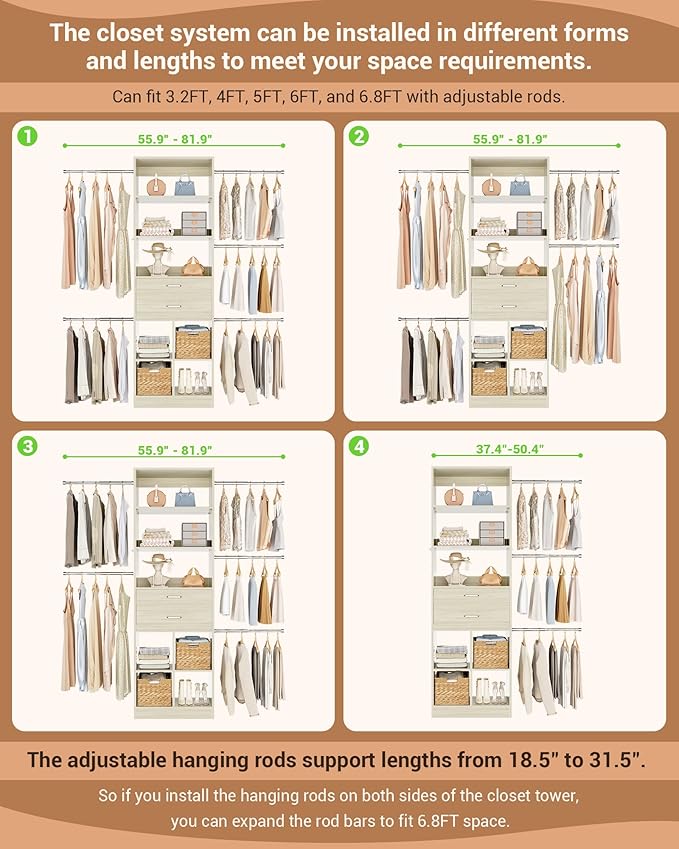 Small Closet System, 3.2-6.8FT Small Closet Organizer with 2 Wooden Drawers & 5 Hanging Rods, Can Fit 37.5 to 81.9 inch Walk-in Closet System, Built-in, Greige Oak, Enclosed Storage Volume 2.32 ft³