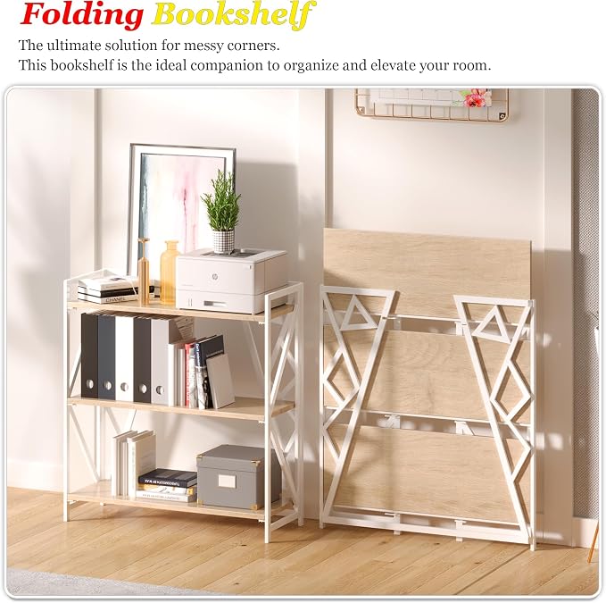 UDD No Assembly Wide Folding Bookshelf, 34" H x 30.9" W, 3 Tier Foldable Book Shelf Industrial Bookcase, Vintage Collapsible Storage Shelves for Home Office Living Room Bedroom, Light Oak White