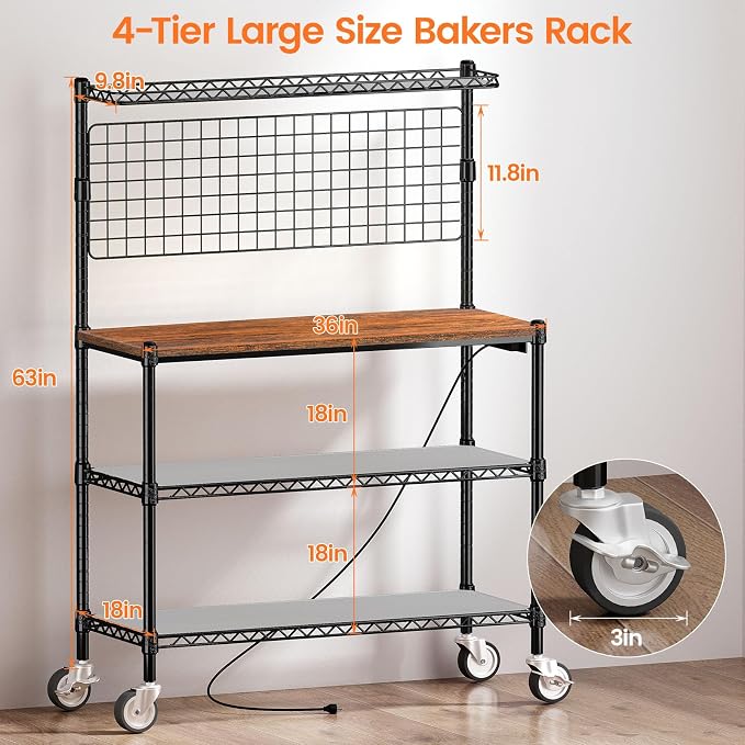 Bakers Rack with Power Outlet & Storage,36In Microwave Stand Kitchen Cart | 4-Tier Metal Kitchen Shelves Cart with Wheels & 20 S-Hooks for Kitchen, NSF Certified, 63 x 18 x 36 Inch-Black