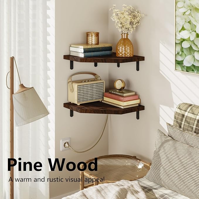 Alsonerbay Pine Wood Corner Shelves with Cord Hole 2-Pack, Carbonized Black | Diamond-shaped, cable management, 40 lbs/shelf, 0.79" thick pine, L-shaped metal brackets, for router & media devices
