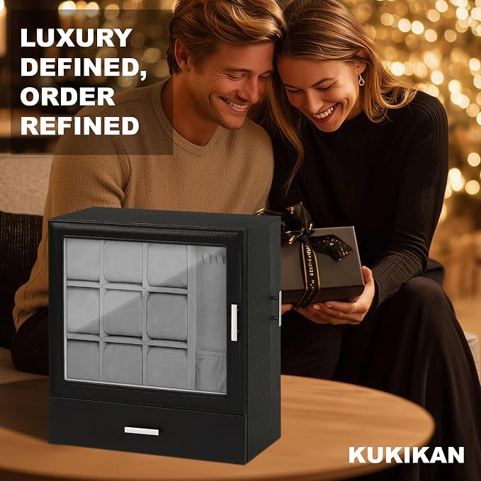 Kukikan 9-Slot Watch Display Case with Necklace Display, High End Men Jewelry Box w/Drawer, Standing Watch Box for Men w/Clear Lid, Watch Case for Sunglasses, Vertical Storage, Fathers Day Gift