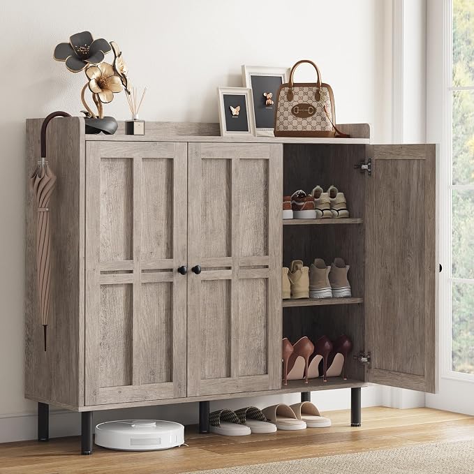 5+2 Tier Shoe Storage Cabinet with 3 Doors, 40" Tall Entryway Cabinet for 30 Pairs Shoe, Shoe Rack Organizer with 5 Adjustable Shelves & Metal Legs, Shoe Storage for Front Door Entrance, Washed Gray