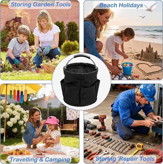 17L Foldable Cleaning Caddy with Handle, Cleaning Supplies Organizer Storage Basket with 6 Side Pockets, Portable Multi Cleaning Bucket Bag for Home Garden Bathroom Camping (Black)