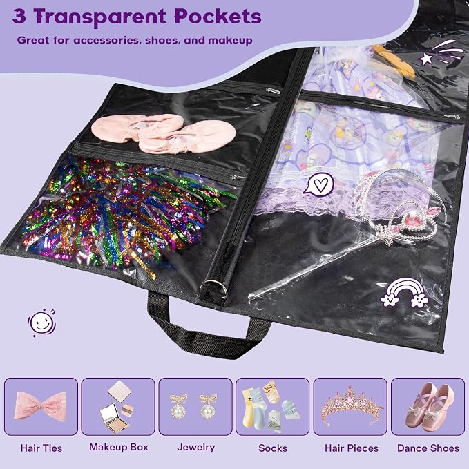 2Pack Dance Garment Bags for Dancers, 40" Garment Bags for Hanging Clothes with 3 Clear Zipper Pockets, Cheer Uniform Garment Bag for Suits, Travel & Sports Jersey, Cheer Uniform(Black, 2Pack 40")