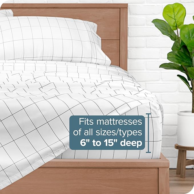 Bare Home California King Sheet Set - Luxury 1800 Ultra- Soft Double Brushed Microfiber - Deep Pockets - Easy Fit - 4 Piece Bedding Sheet Set (California King, Grid - White/Grey)