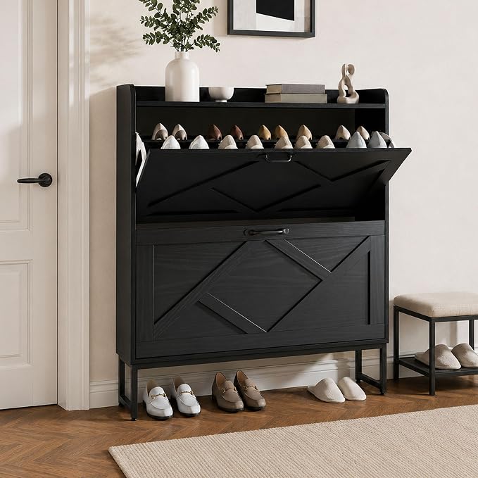 Nicetree Shoe Cabinet Storage for Entryway, Slim Shoe Storage Cabient with 2 Flip Drawers, Narrow Vertical Shoe Rack Cabinet with Metal Hooks, Small Space Solution for Hallway, Black