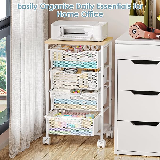 Hongtamoya Rolling Cart with Drawers, Storage Cart with Wheels Metal Rolling Drawer Cart with Lockable Wheels and Wood Tabletop Craft Storage Art Cart for Living Room Bedroom Classroom Office White