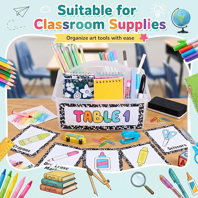 Hushee 6 Pcs Classroom Caddy Plastic Stackable Caddy Organizer with Handle 3 Compartment with 42 Label Portable Craft Basket Organization Storage for Desk Teacher Office School Supplies(Clear)