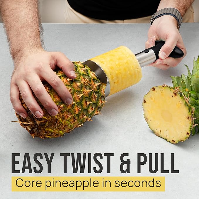 Zulay Kitchen Stainless Steel Pineapple Corer & Slicer – Heavy Duty Pineapple Cutter & Eye Removal Tool – Effortless Core Remover Tool with Sharp Reinforced Blade & Ergonomic Handle - Black