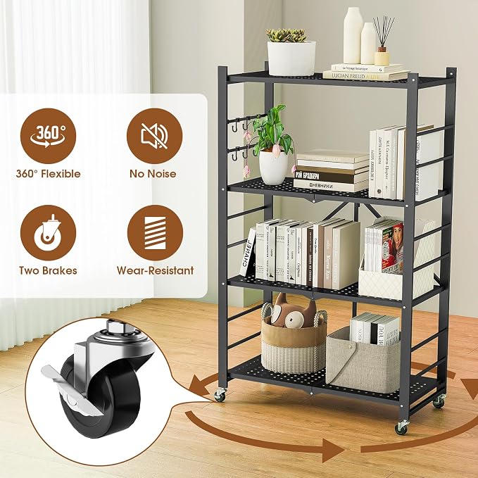 4 Tier Folding Storage Shelf with Wheels – Heavy Duty Metal Organizer Rack, No Assembly Utility Shelving Unit with Locking Casters for Garage, Kitchen, Pantry, Basement, Office (Black-A, 4 Tier)