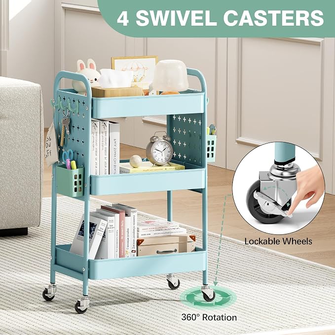 KINGRACK 3 Tier Rolling Cart with DIY Pegboard, Metal Utility Cart with Wheels, Hooks & Baskets, Sturdy Storage Organizer for Craft, Bathroom, Kitchen, Office, Nursery, Classroom（Blue）