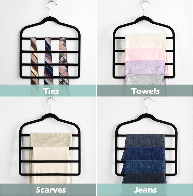 Velvet Pant Clothes Hanger Space Saving Non Slip Shorts Hanger, Myfolrena Jeans Slack Trousers Hangers Multiple Velvet Hanger Closet Organizer Storage and Organization for Jeans,Scarf,Tie(Black,3)