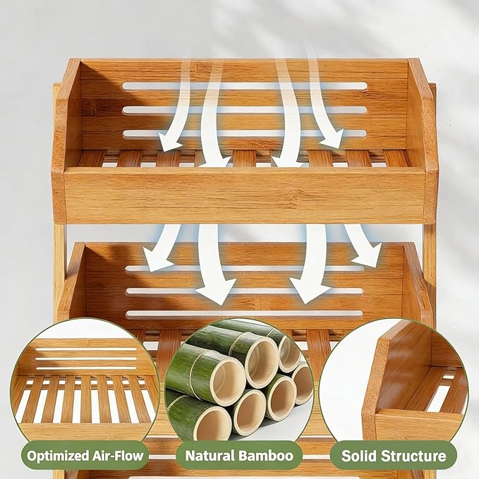 Simple Trending 3-Tier Natural Bamboo Fruit & Vegetable Basket Organizer, Ventilated Countertop Kitchen Storage with 2 Removable Banana Hooks, Sturdy for Fruits, Veggies, Snacks, Bread, Easy Assemble