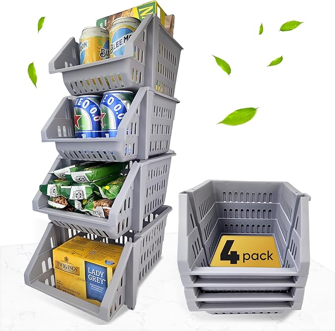 Skywin TidyFriend Small Stackable Storage Bins for Toy Organizer and Storage 4 Pack, Toy Storage Organizer for Kids Room and Home Organization (Light Grey)