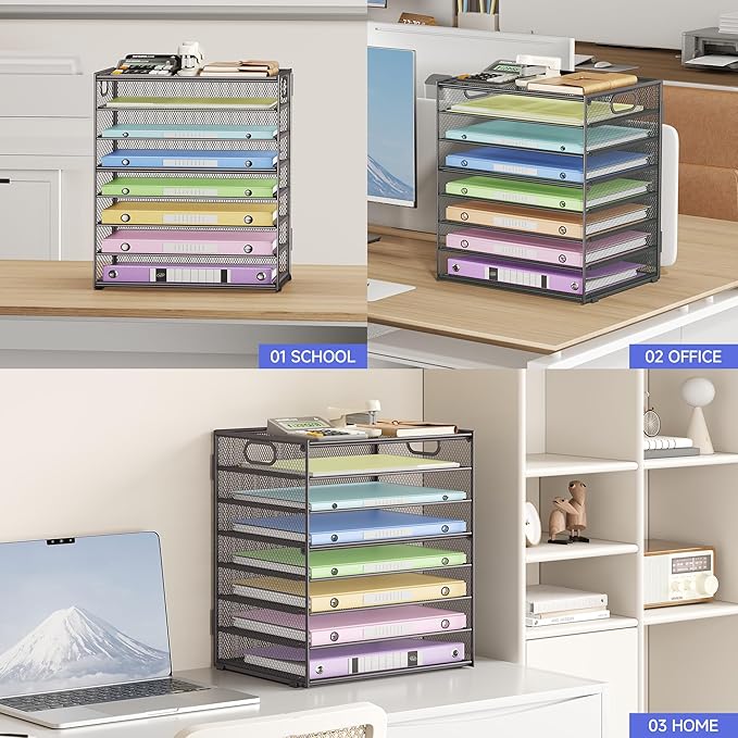 8 Tier Paper Organizer with Handle, Metal Mesh Desk File Organizer, Large Capacity Desk Organizers Paper Letter Tray Desktop Document Sorter for Office, Home or School-Grey