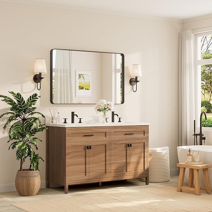 TETOTE 48 x 30 Inch Bathroom Mirror, Matte Black Modern Metal Frame Rectangle Wall Mounted Vanity Mirror (Horizontal/Vertical)