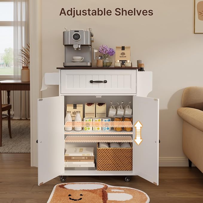 Gizoon 33" W White Kitchen Island Cart with Adjustable Shelf, | Metal Wheels, Drawer & Storage Cabinet, Spice Rack & Towel Rack, for Dining Room, Bar, Retro Wooden Countertop