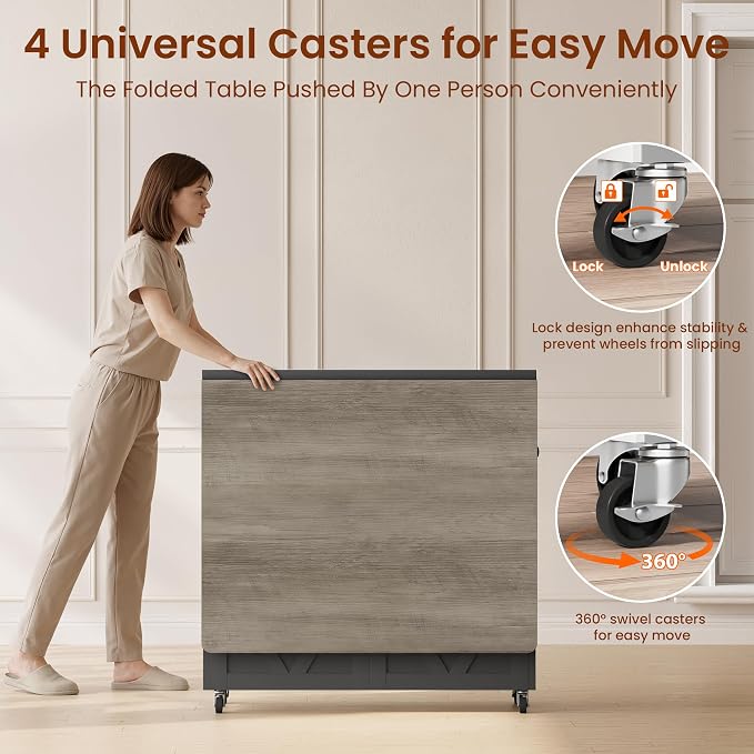 Jocoevol Folding Dining Table for Small Spaces, Space Saving Foldable Kitchen Table with Drawer & Storage Shelf, Rolling Drop Leaf Dining Table with Wheels for Dining Room (Grey 47.2" x 23.6" x 29.5")