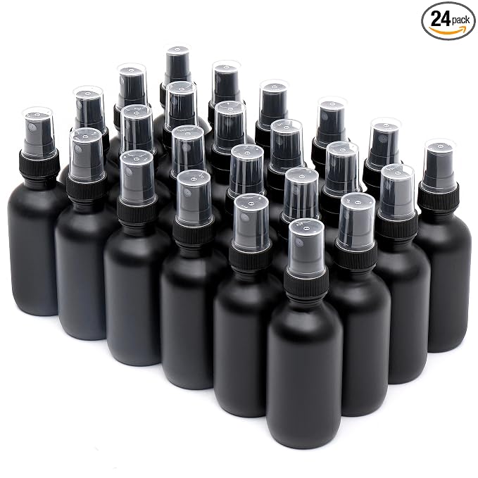 NOOEEISS Frosted Black Glass Small Spray Bottle 2 oz 24 Packs,Fine Mist Sprayer Small Clear Bottles,Refillable Containers mini spray bottles for Cleaning Solutions and Skin Care (Frosted Black 24pcs)