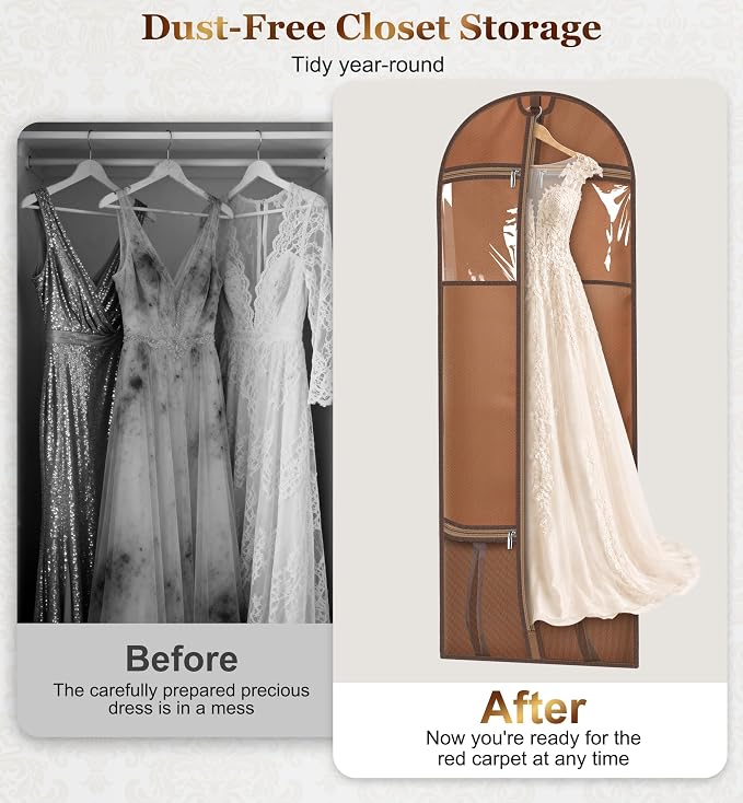 MISSLO 72" Wedding Dress Garment Bag for Travel with 4 Large Pockets Dress Bags for Gowns Long Heavy Duty Dresses Protector Bag for Closet Storage Clothing Covers for Hanging Clothes, Beige