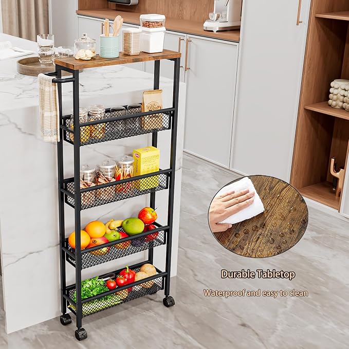 AZERPIAN Slim Rolling Cart 5 Tier Narrow Storage Cart on Wheels with Metal Handle for Kitchen Dining Living Home Laundry Room