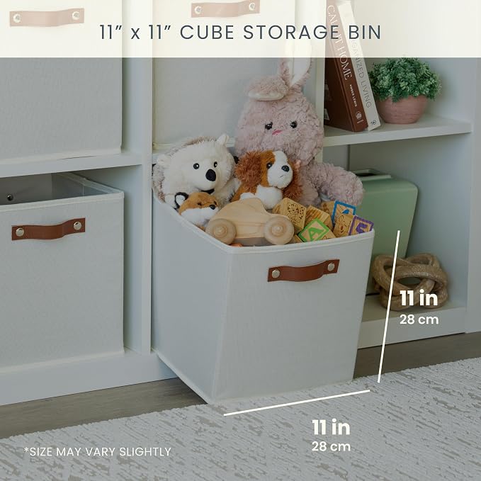 OrganiHaus 11x11 Cube Storage Bins, Set of 4 - Fabric Storage Cubes | Sturdy, holds its shape; odor-free; fits ClosetMaid 11-inch shelves; vegan leather handles