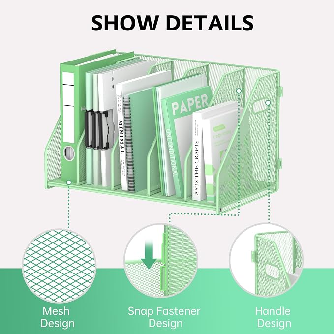 SUPEASY Binder Organizer, Magazine File Holder with 5 Vertical Compartments Rack, Metal Desk File Organizer & Binder Holders, Magazine Organizers for Office Desktop, Home, School (Green)