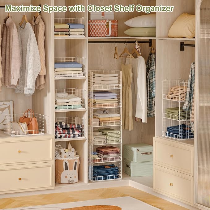Huxitocan 4-Tier Closet Shelf Organizer - Closet Organizers and Storage Basket, Stackable Closet Storage Bins, Foldable Clothes Organizers and Storage Shelves for Home Closet Organizer System