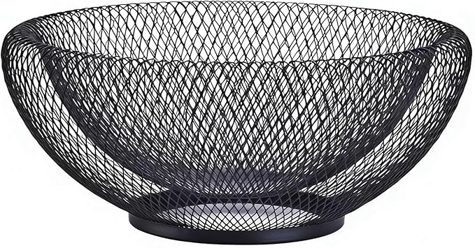 Modern Black Wire Mesh Decorative Bowl – Openwork Fruit Basket for Bread, Snacks, Storage Tray for Kitchen, Living room and home décor. (10”x4”)