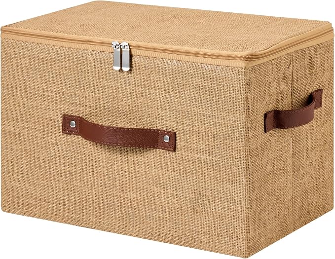 Storage Bin Box with Zippered Lid Natural Jute Decorative Basket | Foldable Washable Stackable Lidded Clothing Container, Shelf Closet Organizer, w/ PU Leather Handles & PP Boards, Large