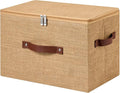 Storage Bin Box with Zippered Lid Natural Jute Decorative Basket | Foldable Washable Stackable Lidded Clothing Container, Shelf Closet Organizer, w/ PU Leather Handles & PP Boards, Large