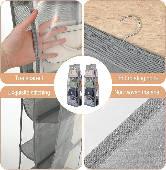 3 Pack Hanging Handbag Organizer for Closet, Purse Organizer For Closet, Handbag Storage Holder with 8 Clear PVC Pockets, Sturdy Hook for Wardrobe Door and Wall, Space Saving Gray