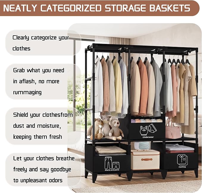 LOKEME Portable Closet,Sturdy Stable Large Capacity Wardrobe Closet,Clothes Rack with Shelves,3 Folding Areas,3 Storage Areas,3 Hanging Areas,Suitable for Bedrooms and Dormitory,50in Black