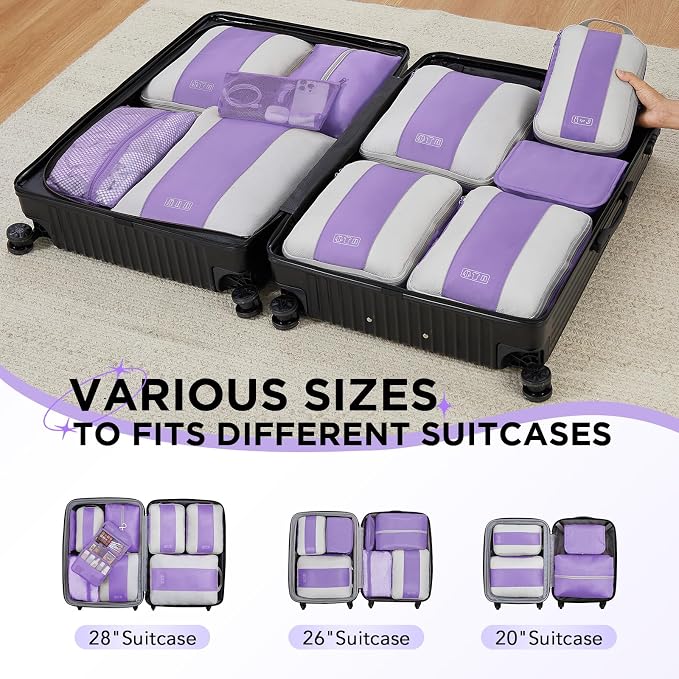 OlarHike 10 Set Compression Packing Cubes for Travel Essentials,Compressible Expandable Space Saver Bags for Organizing Clothes,Luggage Garment Bags with Over 1000 pcs Mesh Holes(Light Purple)