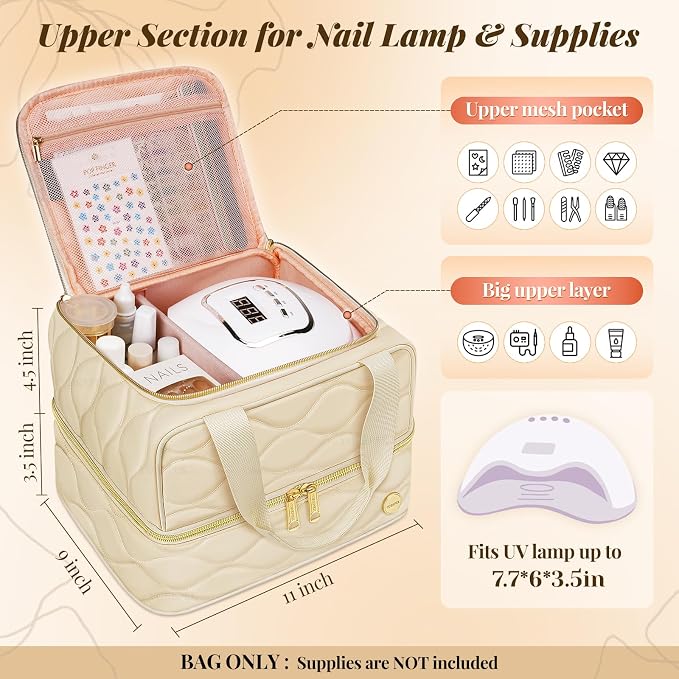 YOREPEK 2 Layer Nail Polish Organizer Case for 42+ Bottles (15ml/0.5 fl.oz) | Nail Kit Bag with Compartments for Nail Supplies, Nail Stuff, UV Lamp, Nail Tech Organizers and Storage for Manicure Tools