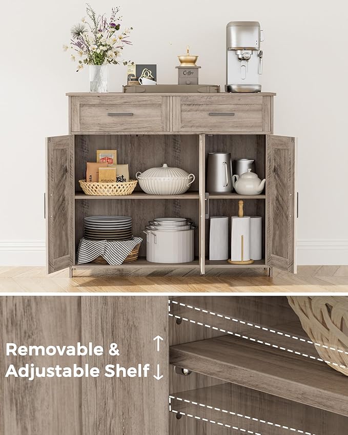 Homhedy Sideboard Buffet Cabinet, Coffee Bar Storage Cabinet with Drawers and Doors, Farmhouse Kitchen Cabinet with Adjustable Shelves, for Kitchen, Dining Room, Living Room, Greige