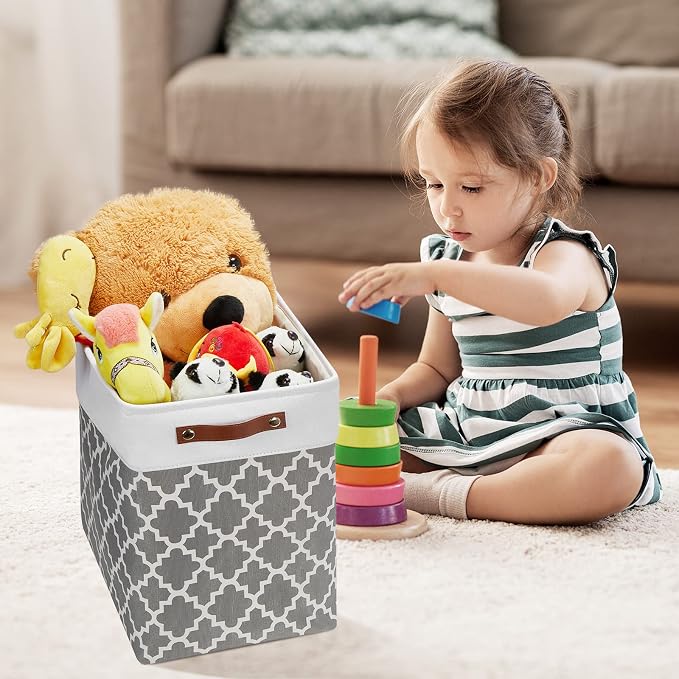 DULLEMELO Storage Baskets Large 17"x12"x15" Foldable Rectangular Storage Bins Baskets for Organizing [2 Pack] Fabric Nursery Storage Baskets for Home,Office,Closet,Clothes,Toys (White&Lattice Grey)